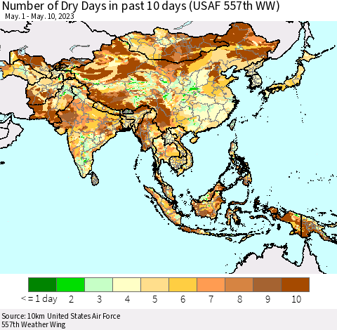 Asia Number of Dry Days in past 10 days (USAF 557th WW) Thematic Map For 5/6/2023 - 5/10/2023