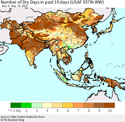 Asia Number of Dry Days in past 10 days (USAF 557th WW) Thematic Map For 5/11/2023 - 5/15/2023