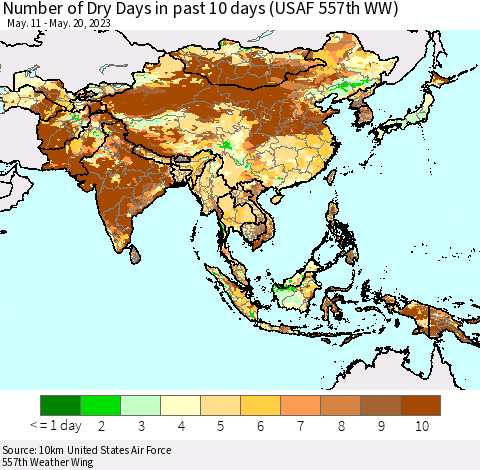 Asia Number of Dry Days in past 10 days (USAF 557th WW) Thematic Map For 5/16/2023 - 5/20/2023