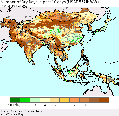 Asia Number of Dry Days in past 10 days (USAF 557th WW) Thematic Map For 5/21/2023 - 5/25/2023