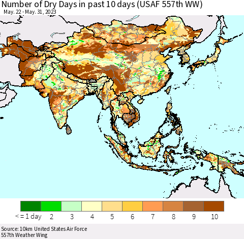 Asia Number of Dry Days in past 10 days (USAF 557th WW) Thematic Map For 5/26/2023 - 5/31/2023