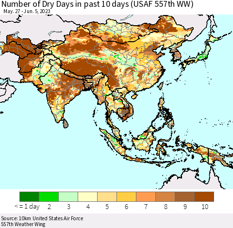 Asia Number of Dry Days in past 10 days (USAF 557th WW) Thematic Map For 6/1/2023 - 6/5/2023