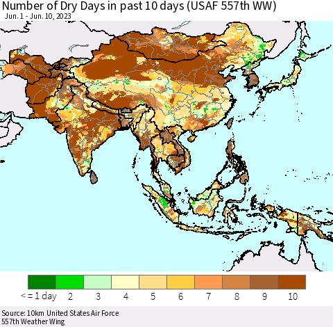 Asia Number of Dry Days in past 10 days (USAF 557th WW) Thematic Map For 6/6/2023 - 6/10/2023