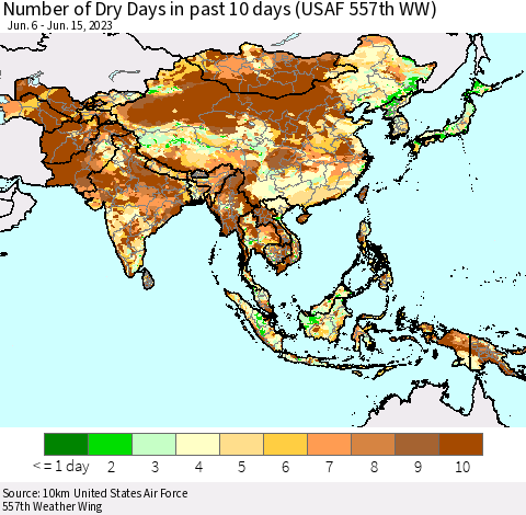 Asia Number of Dry Days in past 10 days (USAF 557th WW) Thematic Map For 6/11/2023 - 6/15/2023