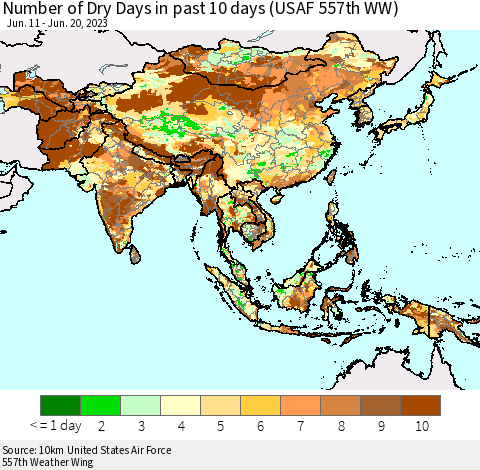 Asia Number of Dry Days in past 10 days (USAF 557th WW) Thematic Map For 6/16/2023 - 6/20/2023