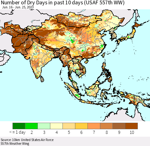 Asia Number of Dry Days in past 10 days (USAF 557th WW) Thematic Map For 6/21/2023 - 6/25/2023