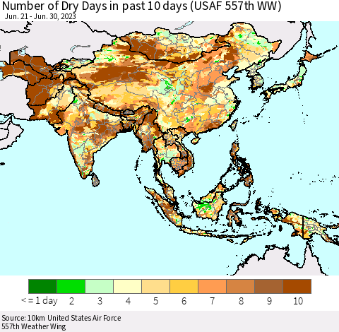 Asia Number of Dry Days in past 10 days (USAF 557th WW) Thematic Map For 6/26/2023 - 6/30/2023