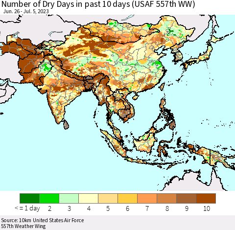 Asia Number of Dry Days in past 10 days (USAF 557th WW) Thematic Map For 7/1/2023 - 7/5/2023