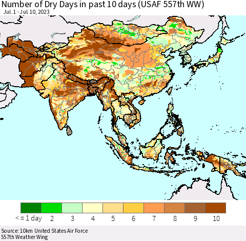 Asia Number of Dry Days in past 10 days (USAF 557th WW) Thematic Map For 7/6/2023 - 7/10/2023
