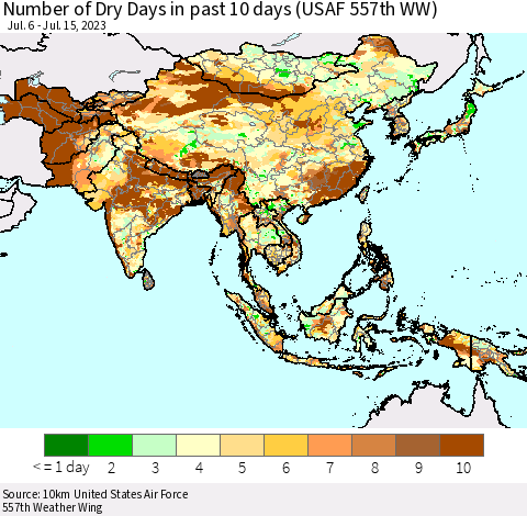 Asia Number of Dry Days in past 10 days (USAF 557th WW) Thematic Map For 7/11/2023 - 7/15/2023