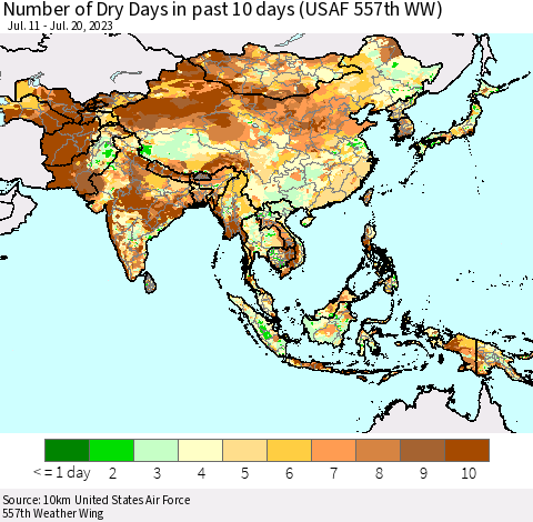 Asia Number of Dry Days in past 10 days (USAF 557th WW) Thematic Map For 7/16/2023 - 7/20/2023