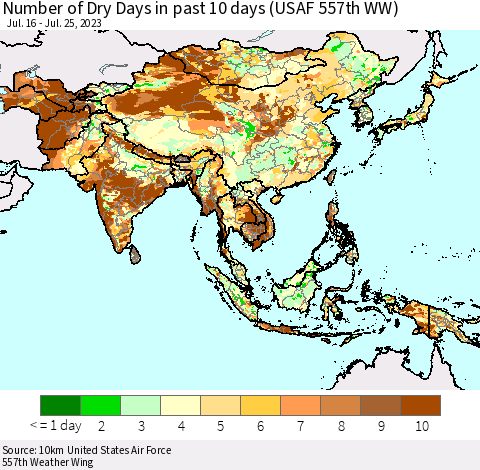 Asia Number of Dry Days in past 10 days (USAF 557th WW) Thematic Map For 7/21/2023 - 7/25/2023