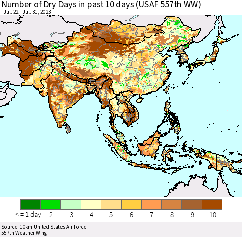 Asia Number of Dry Days in past 10 days (USAF 557th WW) Thematic Map For 7/26/2023 - 7/31/2023