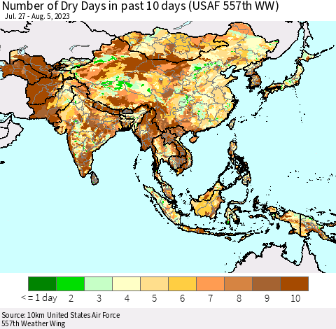 Asia Number of Dry Days in past 10 days (USAF 557th WW) Thematic Map For 8/1/2023 - 8/5/2023