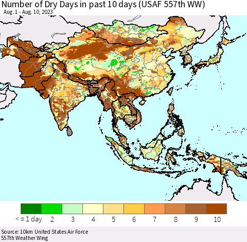 Asia Number of Dry Days in past 10 days (USAF 557th WW) Thematic Map For 8/6/2023 - 8/10/2023