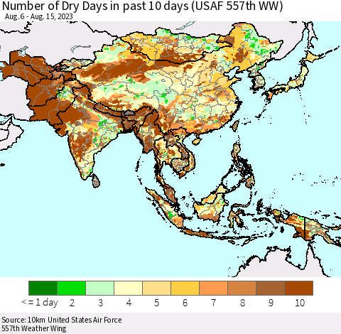Asia Number of Dry Days in past 10 days (USAF 557th WW) Thematic Map For 8/11/2023 - 8/15/2023