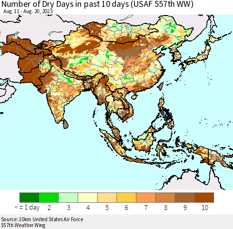 Asia Number of Dry Days in past 10 days (USAF 557th WW) Thematic Map For 8/16/2023 - 8/20/2023