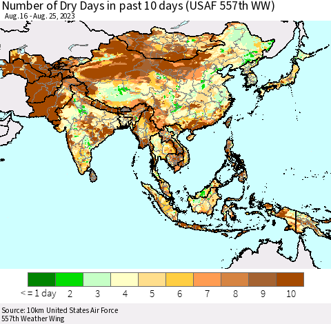 Asia Number of Dry Days in past 10 days (USAF 557th WW) Thematic Map For 8/21/2023 - 8/25/2023