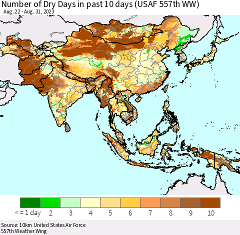 Asia Number of Dry Days in past 10 days (USAF 557th WW) Thematic Map For 8/26/2023 - 8/31/2023