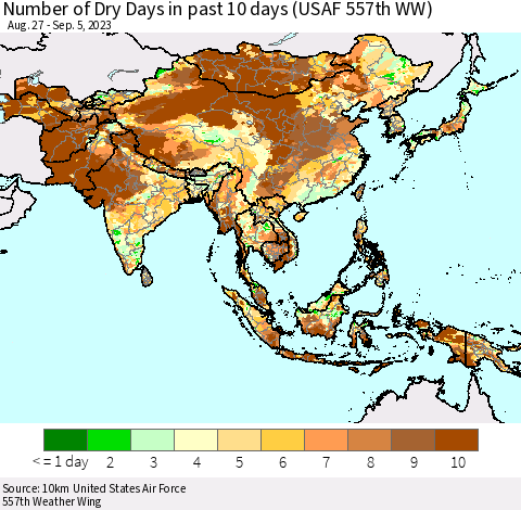 Asia Number of Dry Days in past 10 days (USAF 557th WW) Thematic Map For 9/1/2023 - 9/5/2023