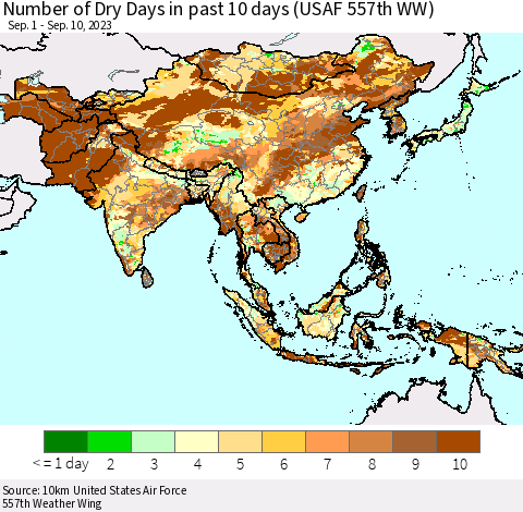 Asia Number of Dry Days in past 10 days (USAF 557th WW) Thematic Map For 9/6/2023 - 9/10/2023