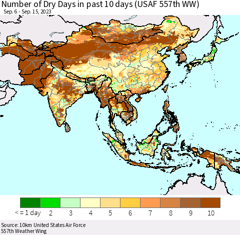 Asia Number of Dry Days in past 10 days (USAF 557th WW) Thematic Map For 9/11/2023 - 9/15/2023