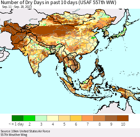 Asia Number of Dry Days in past 10 days (USAF 557th WW) Thematic Map For 9/16/2023 - 9/20/2023