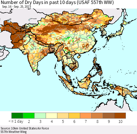 Asia Number of Dry Days in past 10 days (USAF 557th WW) Thematic Map For 9/21/2023 - 9/25/2023