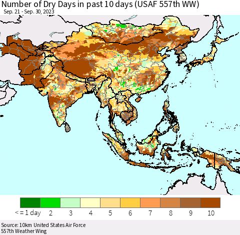Asia Number of Dry Days in past 10 days (USAF 557th WW) Thematic Map For 9/26/2023 - 9/30/2023