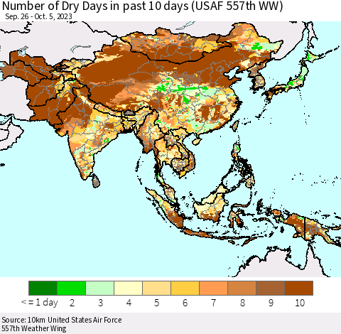 Asia Number of Dry Days in past 10 days (USAF 557th WW) Thematic Map For 10/1/2023 - 10/5/2023