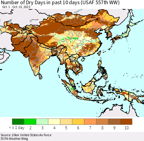 Asia Number of Dry Days in past 10 days (USAF 557th WW) Thematic Map For 10/6/2023 - 10/10/2023