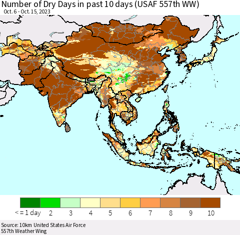 Asia Number of Dry Days in past 10 days (USAF 557th WW) Thematic Map For 10/11/2023 - 10/15/2023