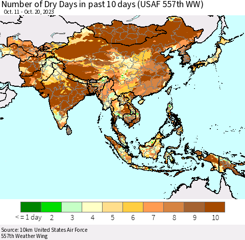 Asia Number of Dry Days in past 10 days (USAF 557th WW) Thematic Map For 10/16/2023 - 10/20/2023