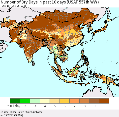 Asia Number of Dry Days in past 10 days (USAF 557th WW) Thematic Map For 10/21/2023 - 10/25/2023