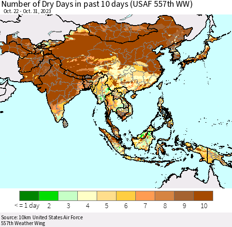 Asia Number of Dry Days in past 10 days (USAF 557th WW) Thematic Map For 10/26/2023 - 10/31/2023