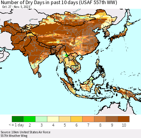 Asia Number of Dry Days in past 10 days (USAF 557th WW) Thematic Map For 11/1/2023 - 11/5/2023