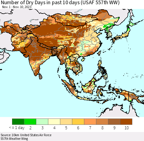 Asia Number of Dry Days in past 10 days (USAF 557th WW) Thematic Map For 11/6/2023 - 11/10/2023