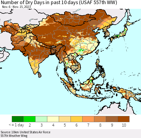 Asia Number of Dry Days in past 10 days (USAF 557th WW) Thematic Map For 11/11/2023 - 11/15/2023