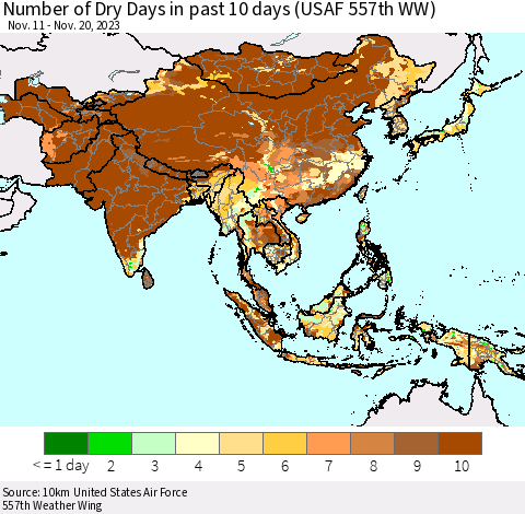 Asia Number of Dry Days in past 10 days (USAF 557th WW) Thematic Map For 11/16/2023 - 11/20/2023