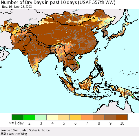 Asia Number of Dry Days in past 10 days (USAF 557th WW) Thematic Map For 11/21/2023 - 11/25/2023