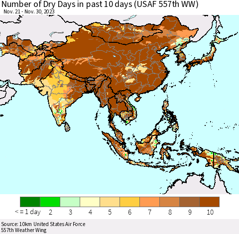 Asia Number of Dry Days in past 10 days (USAF 557th WW) Thematic Map For 11/26/2023 - 11/30/2023