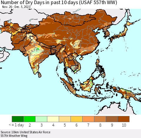 Asia Number of Dry Days in past 10 days (USAF 557th WW) Thematic Map For 12/1/2023 - 12/5/2023
