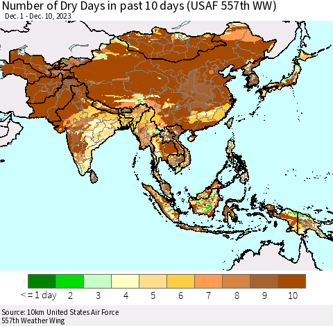 Asia Number of Dry Days in past 10 days (USAF 557th WW) Thematic Map For 12/6/2023 - 12/10/2023