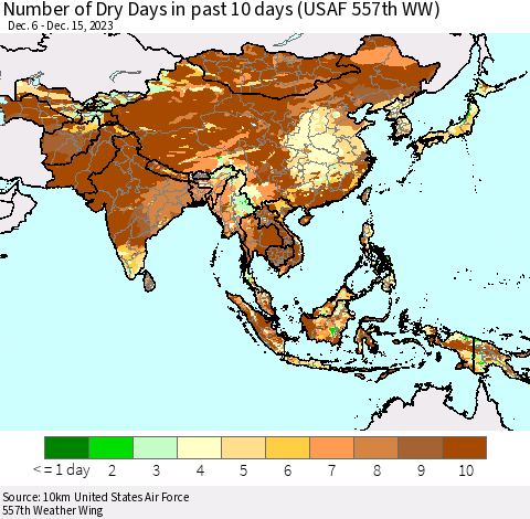 Asia Number of Dry Days in past 10 days (USAF 557th WW) Thematic Map For 12/11/2023 - 12/15/2023