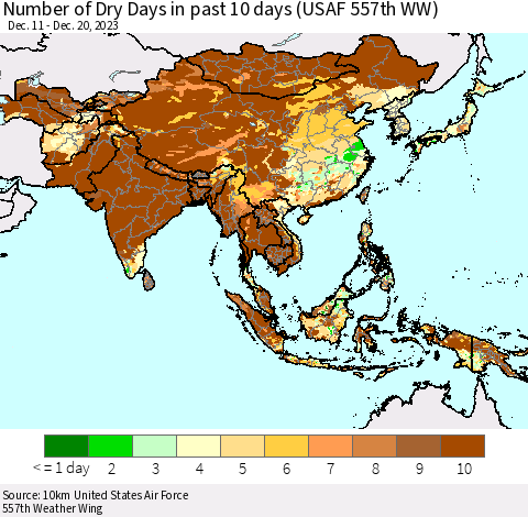 Asia Number of Dry Days in past 10 days (USAF 557th WW) Thematic Map For 12/16/2023 - 12/20/2023