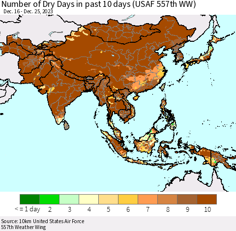 Asia Number of Dry Days in past 10 days (USAF 557th WW) Thematic Map For 12/21/2023 - 12/25/2023