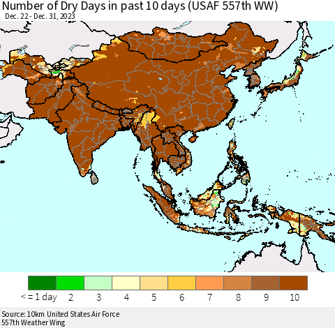 Asia Number of Dry Days in past 10 days (USAF 557th WW) Thematic Map For 12/26/2023 - 12/31/2023