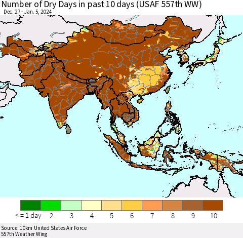Asia Number of Dry Days in past 10 days (USAF 557th WW) Thematic Map For 1/1/2024 - 1/5/2024