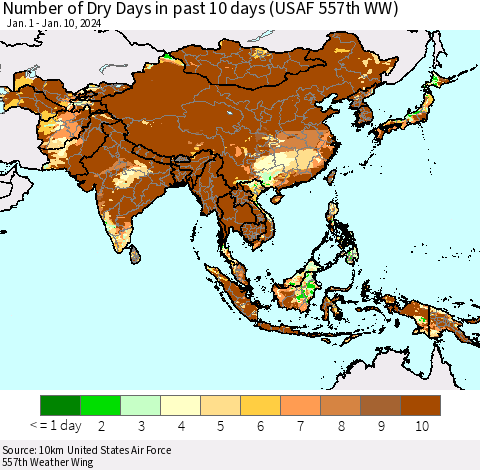 Asia Number of Dry Days in past 10 days (USAF 557th WW) Thematic Map For 1/6/2024 - 1/10/2024