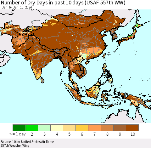 Asia Number of Dry Days in past 10 days (USAF 557th WW) Thematic Map For 1/11/2024 - 1/15/2024